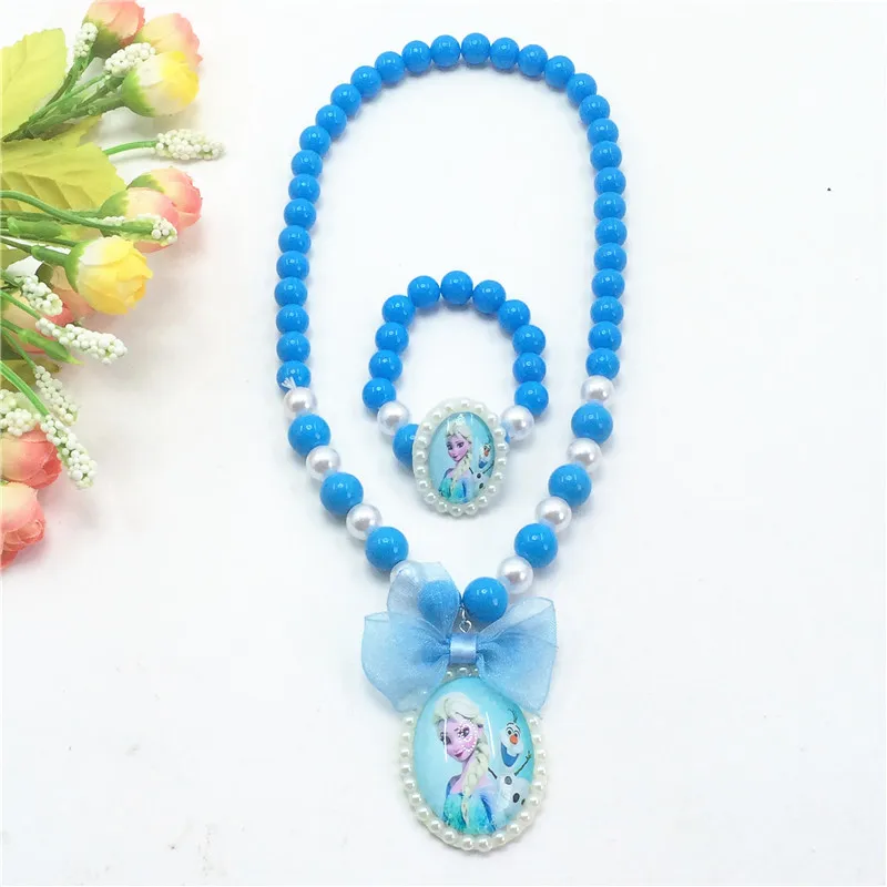 

2Pcs Cartoon Princess Elsa Anna Lace Pendant Necklace Bracelet Children Girls Kids Birthday Party Gift Jewelry Sets