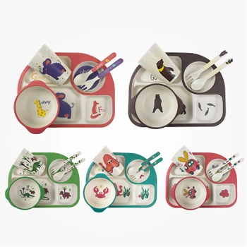 

5Pcs/set Eco-friendly Bamboo Fiber Baby Plate Dishes 4 Slots Children Tableware Dishes Dinnerware Creative Gift baby