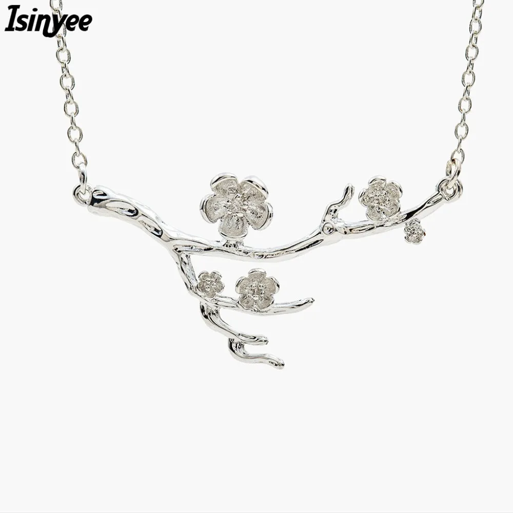 ISINYEE Fashion Plum Flower Necklace For Women Silver Chain Crystal