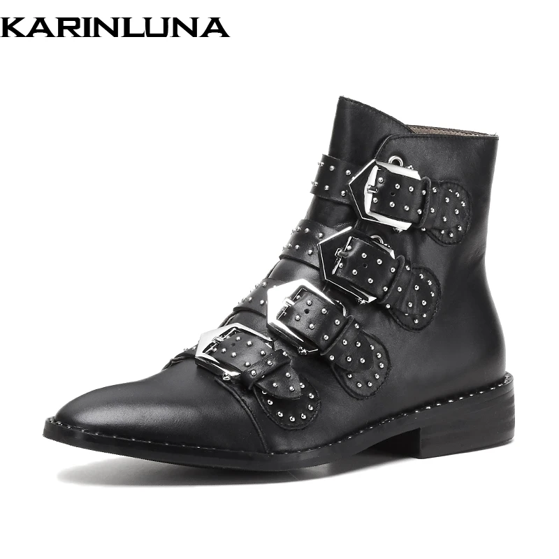 

Karinluna 2019 plus size 43 brand design genuine cow leather sheepskin pigskin boots Shoes Woman rivets Women shoes martin boots