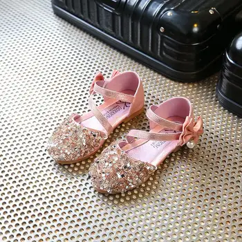 

KKABBYII Children Princess Glitter Sandals Kids Girls Soft Shoes Square Low-heeled Dress Party Shoes Pink Gold Silver