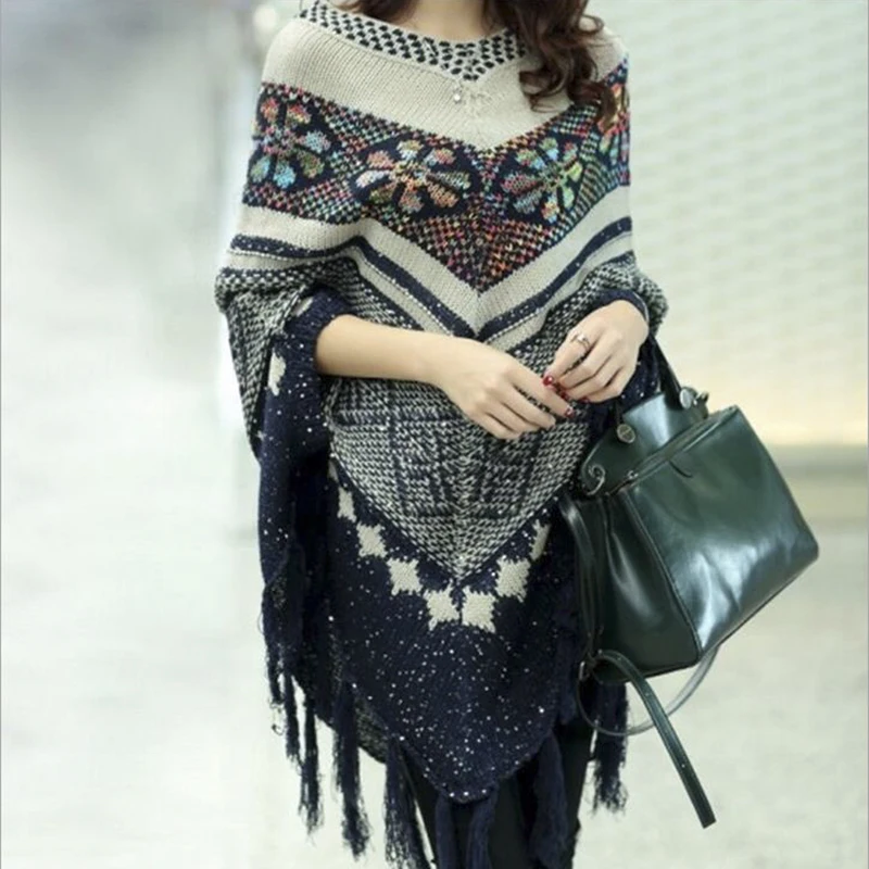

Spring and autumn Fashion Pull Pullover Cardigan Womens Ponchoes capes sweater Sleeve Casual cape Tassel Sweaters Pullovers tops