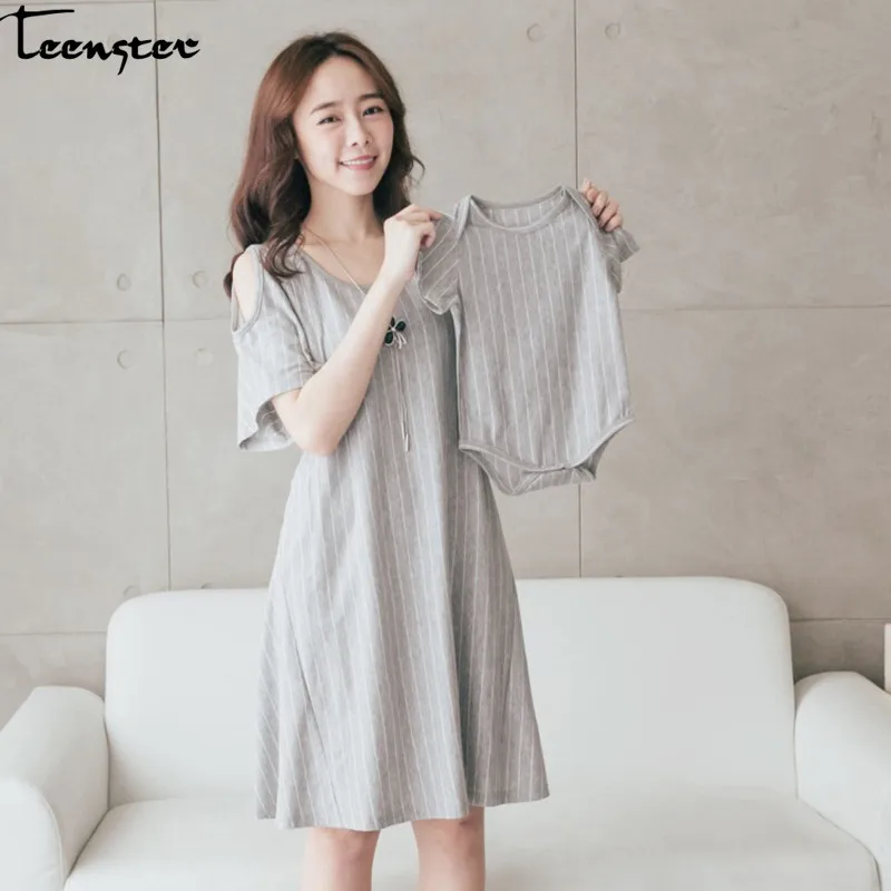 

Teenster Maternity Clothing Pregnancy Dress Matching Outfits Offshoulder Stripes Breastfeeding Dress + Boy Bodysuit/girl Dress