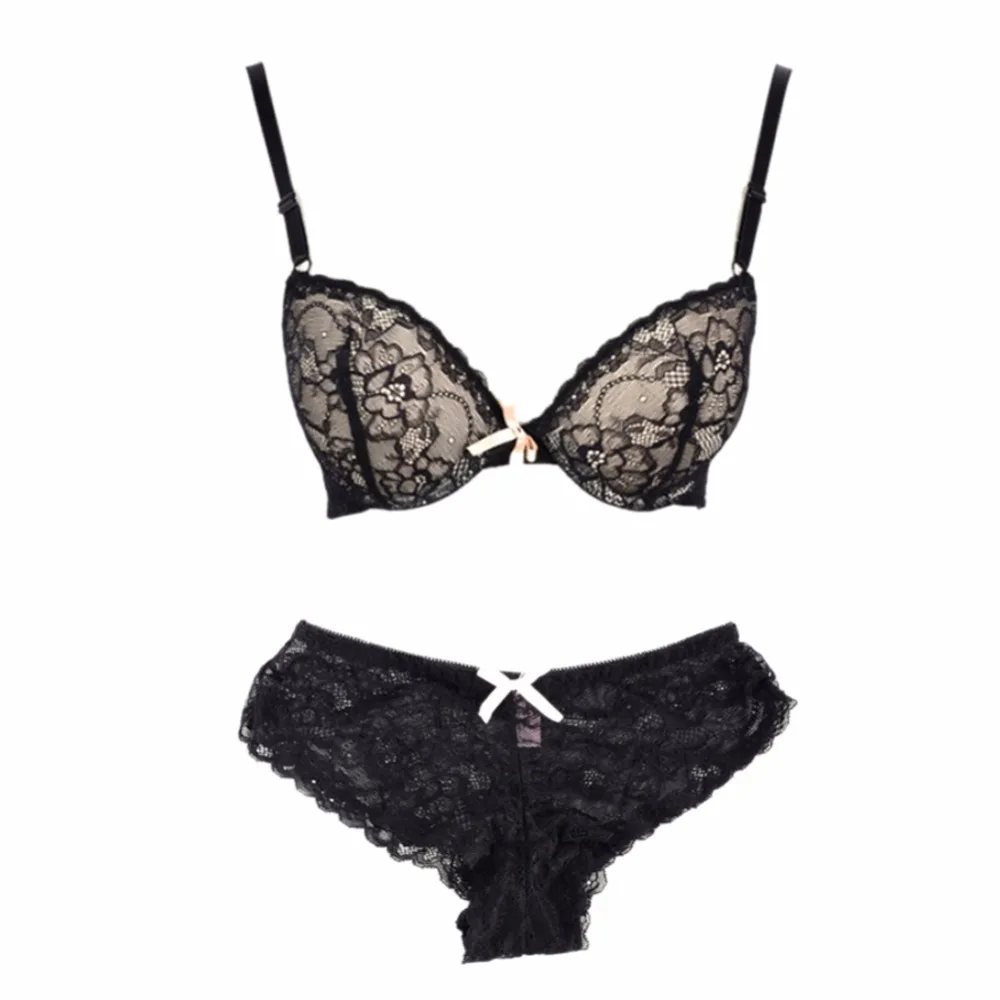 

2 PCS Women Sexy Underwear Bow Lace Embroidery Push Up Bra Sets Quality