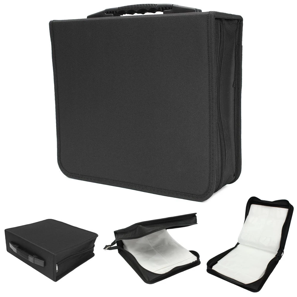 

Black Solid CD Bag Hand Strap Media Storage Large Capacity DVD Binder Oxford Cloth Zipper Closure Durable Portable Carry Case