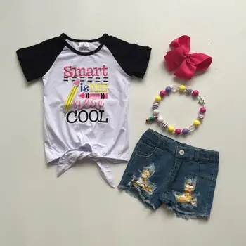 

baby girls back to school clothes denim outfits jeans shorts white shirts top girls boutique outfits with accessories