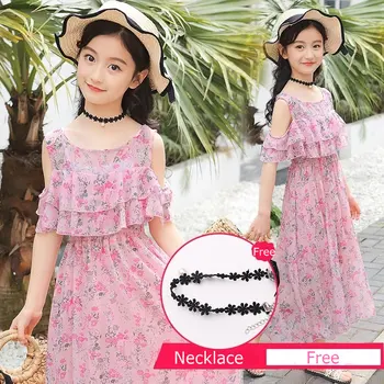 

Girls Dress Toddler Summer Dresses for Kids Children 2019 Elegant Off Shoulder Bohemia 4 to 13 Years Free Necklace