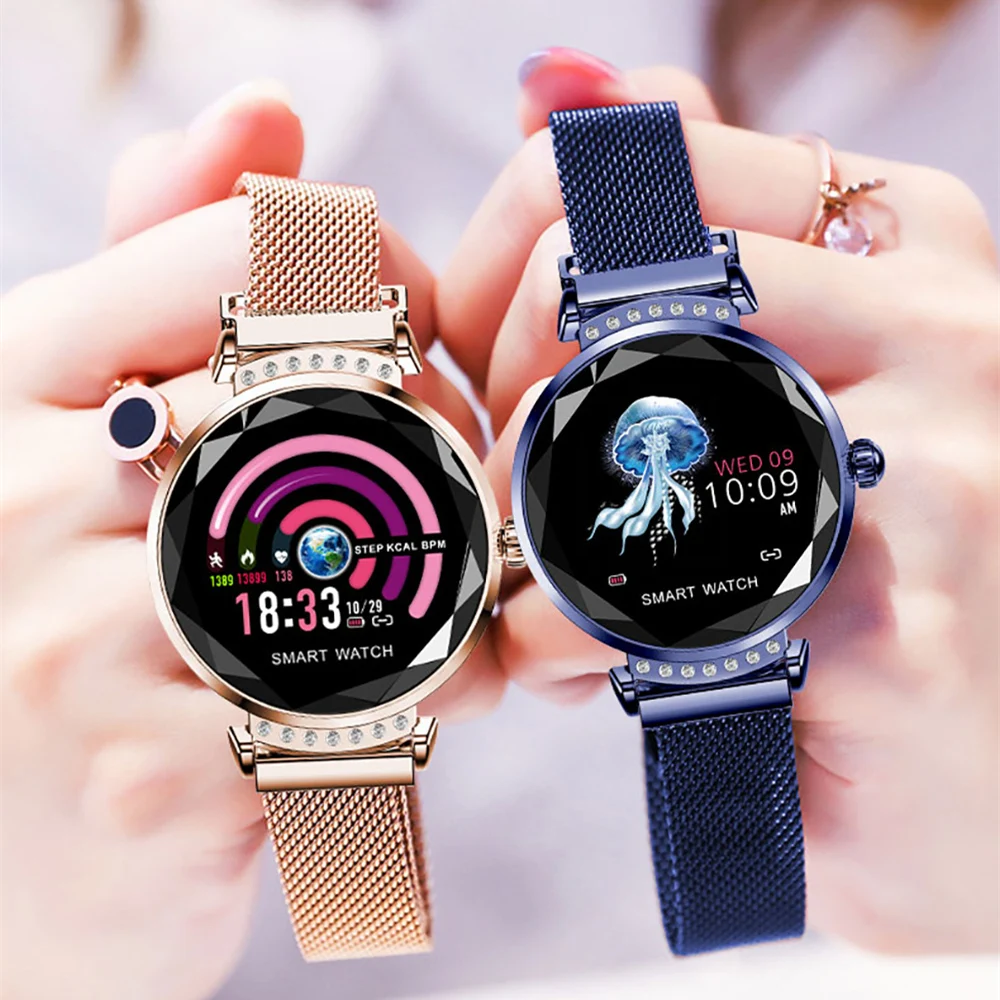 Tanie Huacp moda H2 smart watch kobiety w stylu 3D diamentowe szkło uśpienia monitora ciśnienia krwi tętno prezent urodzinowy pani tracker