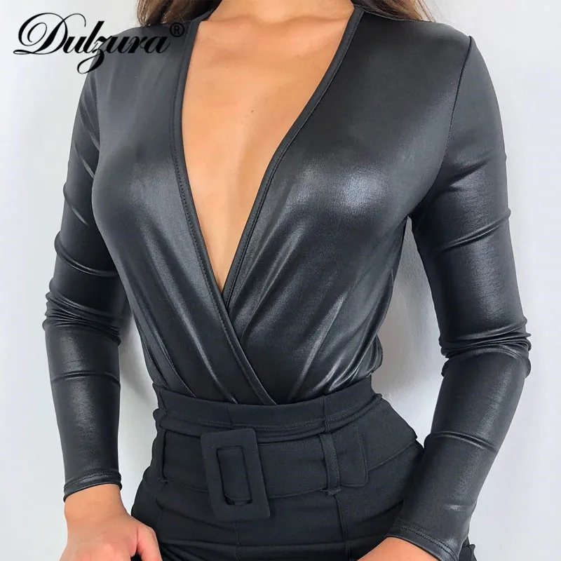 

Dulzura women bodysuit v neck splice sexy 2018 autumn winter bright black fashion body female Christmas long sleeve smocking new