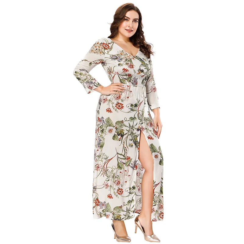 Romacci, женское платье размера плюс, 4XL, 5XL, 6XL, цветочный принт, длинное платье, v-образный вырез, рукава 3/4, с разрезом, высокая талия, бохо, повседневное, макси платье