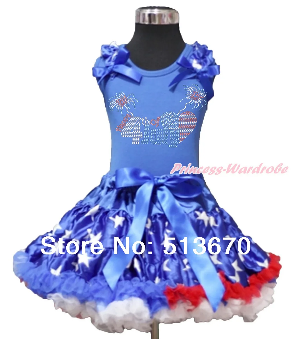 

4th July Rhinestone USA Flag Heart Blue Top Patriotic Star Pettiskirt Set 1-8Y MAAS01