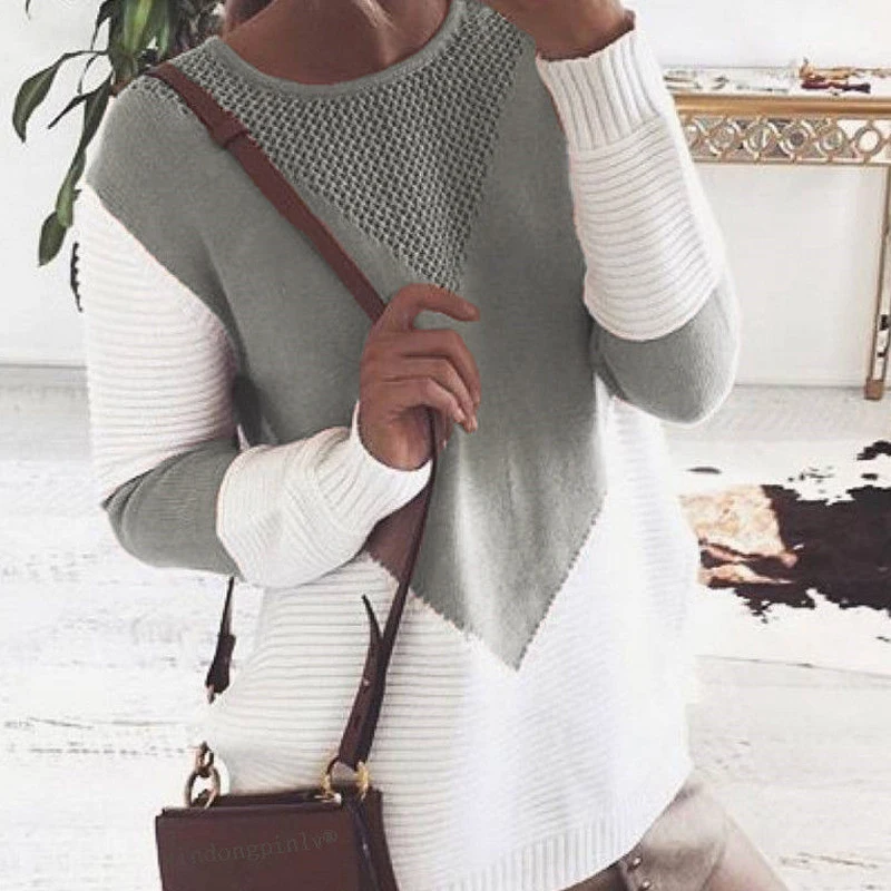 

Black White Patchwork Blocked Waffle Knitted Pullover Sweater Women Side Split Long Sleeve Autumn Warm Tops Streetwear Jumper