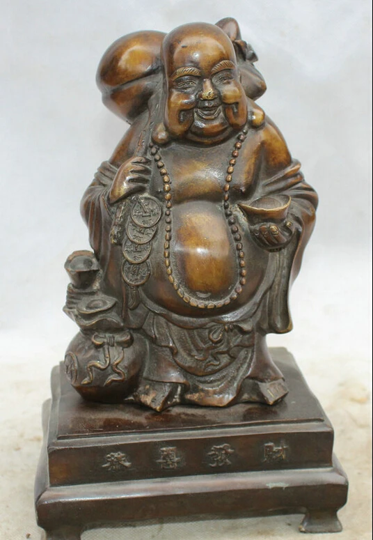 

shitou 002817 9" Chinese Bronze Feng Shui Folk peach Wealth Happy Laugh Maitreya Buddha Statu