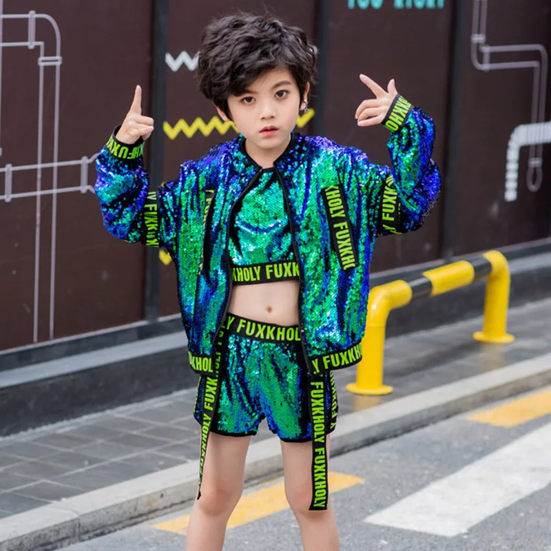 Green Silver Sequin Hip Hop Kids Dance Clothes Stage Outfit Jacket Tank Top Shorts Suit Girls Boys Hiphop Jazz Street Costume