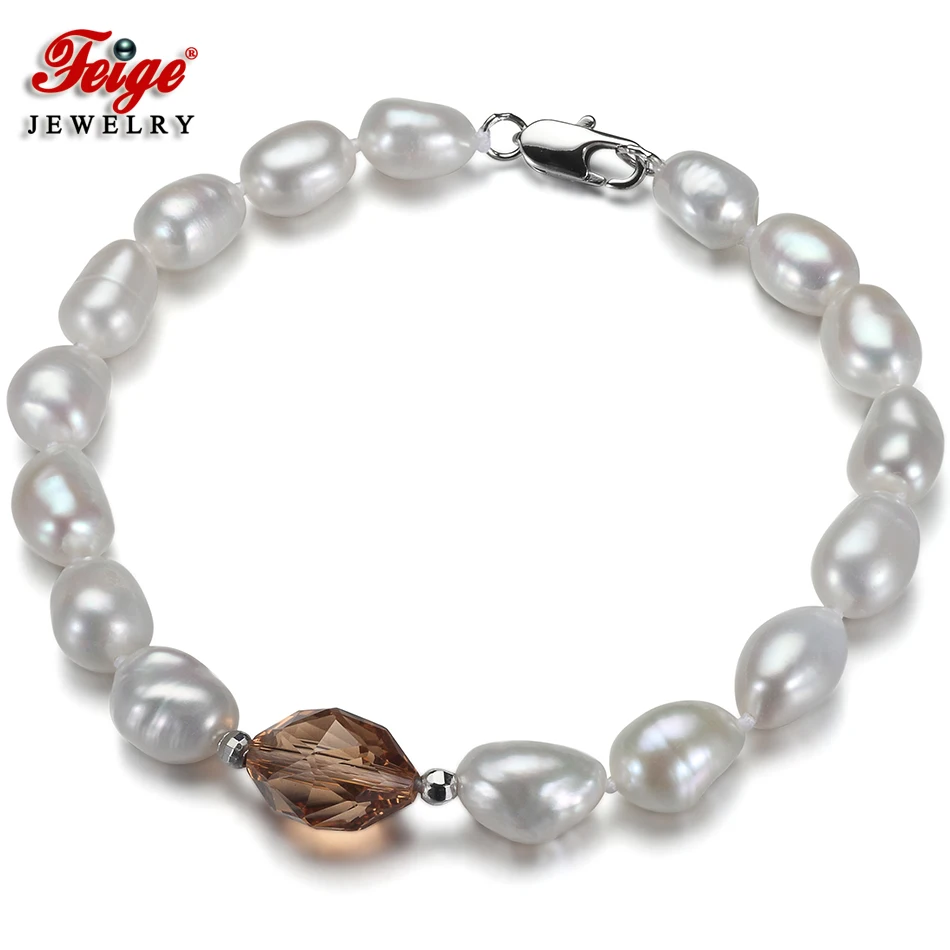 

Feige Special offer Baroque 7-8MM White Freshwater Pearl Strand Bracelet for Women's Brown Crystal Bracelets Fine Pearl Jewelry
