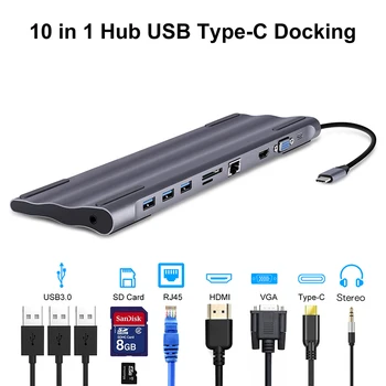 

11 in 1 Multi USB C HUB to HDMI VGA USB 3.0 RJ45 SD Card Reader 3.5mm Audio Adapter for MacBook Type C HUB for Samsung Huawei