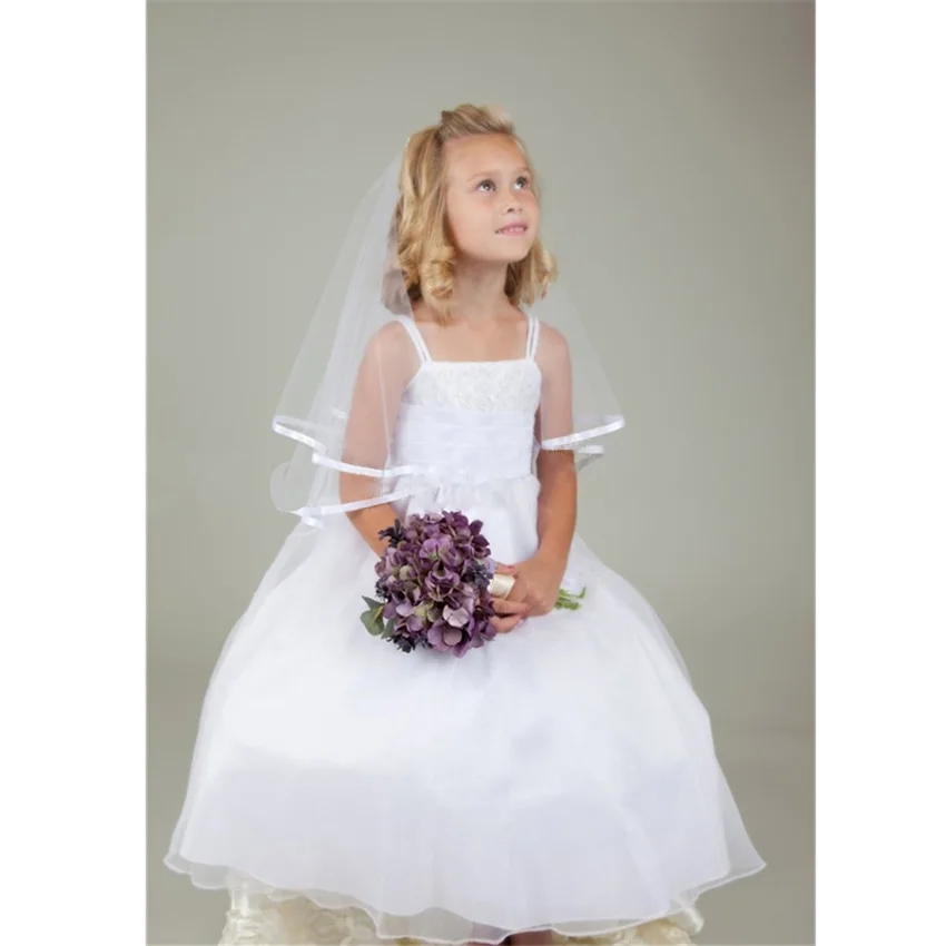 

Satin Edge Wedding Flower Girls First communion Veils With Comb Bows White Ivory Children Kids Veils Voiles Fille velos de Novia