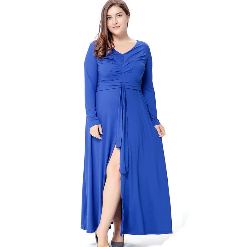 6XL 5XL 4XL 3XL XXL XL 2017 Autumn Long Sleeve Blue Sexy Slit Party