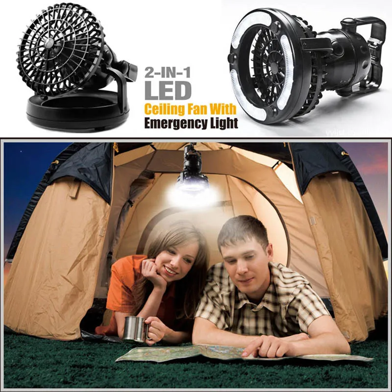 

2 In 1 Portable LED Camping Lantern With 18 LED Flashlight Ceiling Fan For Outdoor Hiking Fishing Outages Emergencies Tent