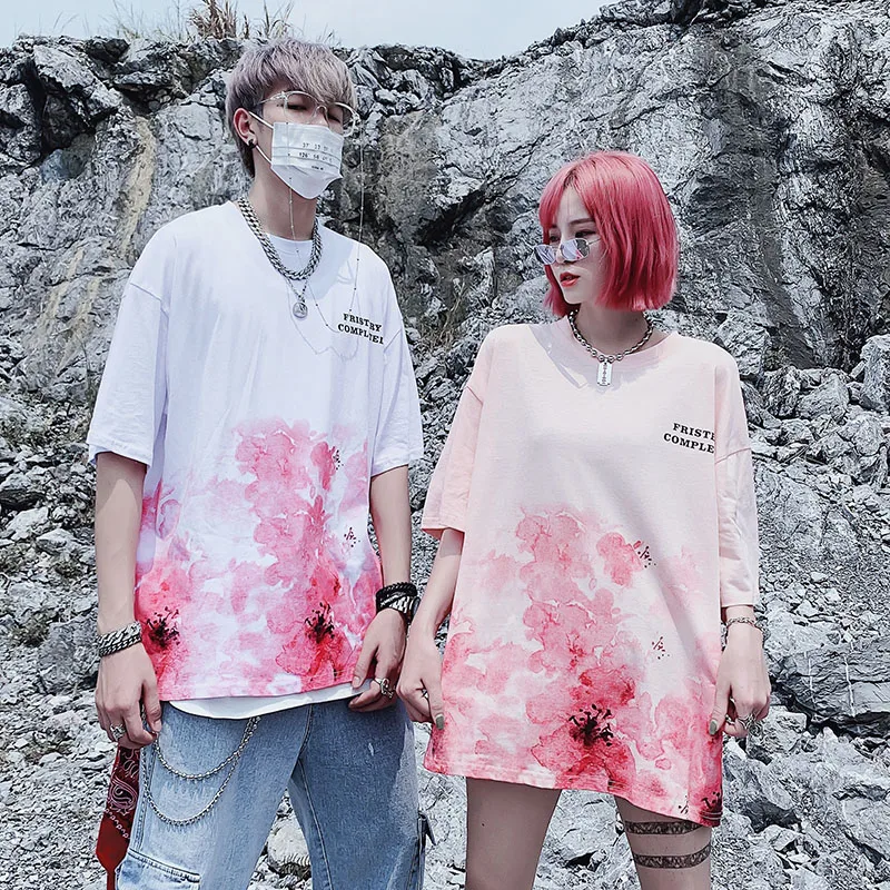 

2019 Summer Brand Design Sakura Flower Print Short Sleeve Shirt Hip Hop Harajuku Couples Men and Women Fashion T-Shirt TOP