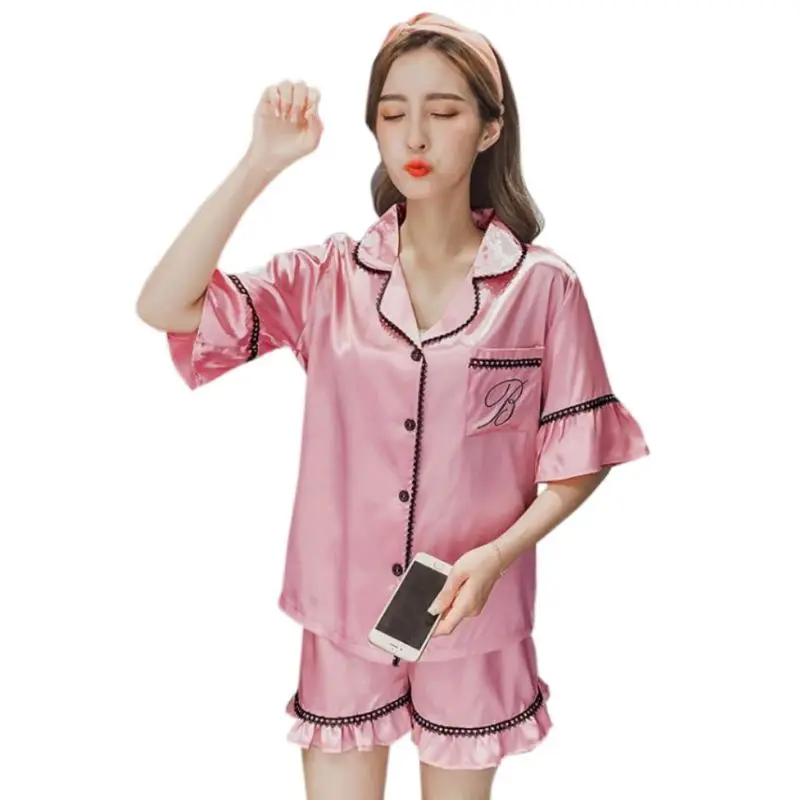 9 видов стилей, женская летняя пижама из искусственного шелка, воротник с лацканами, на пуговицах, ночная рубашка, короткий рукав, v-образный вырез, свободная одежда для сна, домашняя одежда - Цвет: E