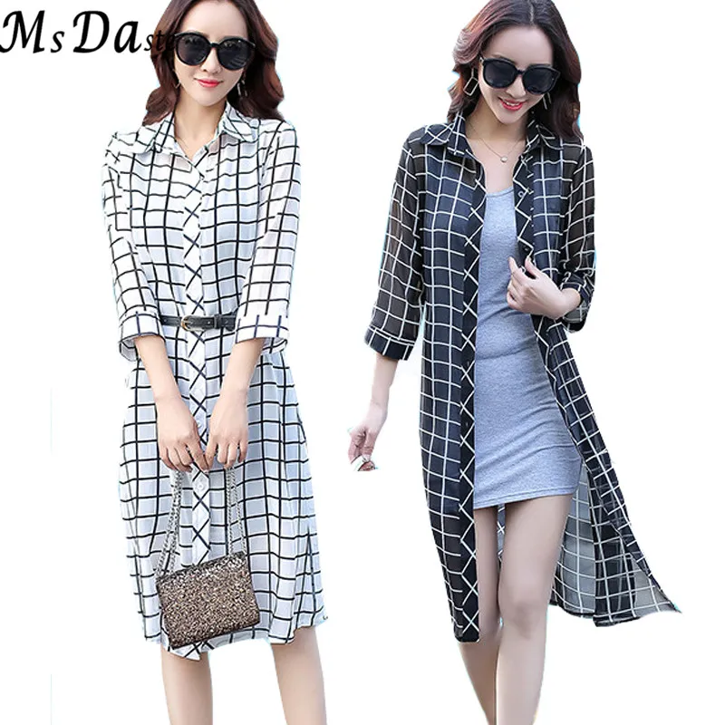 

Chiffon Dresses 2020 Summer Women Casual Plaid Striped Dress Tunics Beach Cover Vintage Dress Tunic Robe Femme Cardigan Dresses