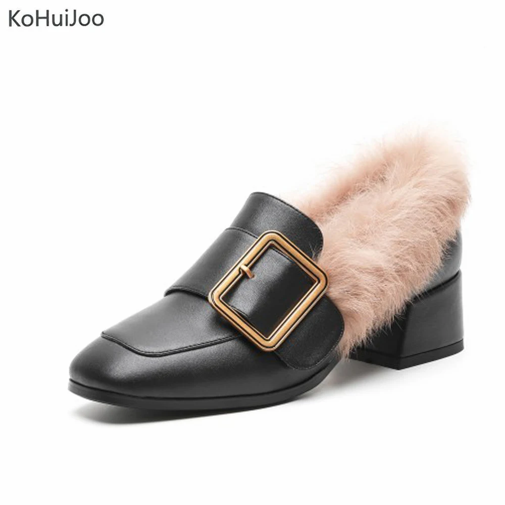 

KoHuiJoo Women Winter Genuine Leather High Heels Shoes Real Rabbit Fur Shoes Ladies Mid Heels Pumps Square Toe Big Size 41