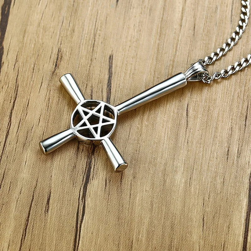 Мужское серебряное ожерелье из нержавеющей стали с крестиком, сатанинская подвеска с изображением перевернутой пентаграммы, ювелирное изделие со звездой