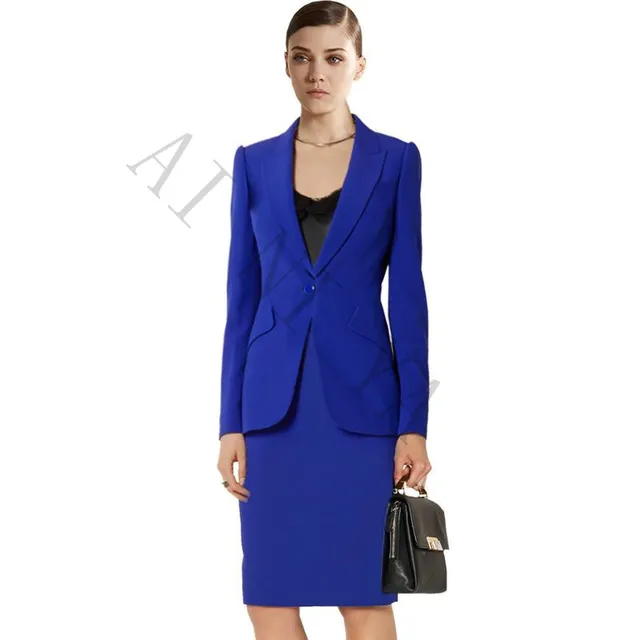 Royal Blue Women Skirt Suits Slim Fit Ladies Skirt+Jacket 2 Piece Set