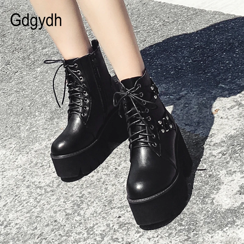 

Gdgydh Comfortable Women Boots High Heels Platform Heels Black Ladies Shoes 2018 Autumn Lacing Leather Short Boots Good Quality
