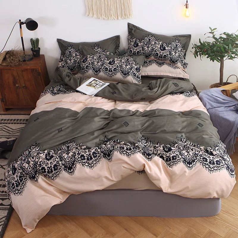 Lace pattern Bedding Set Adult kid's 4pcs Bed Linen Duvet Cover Pillowcase Fitted Sheet with Elastic Band Full Queen King Size | Дом и сад