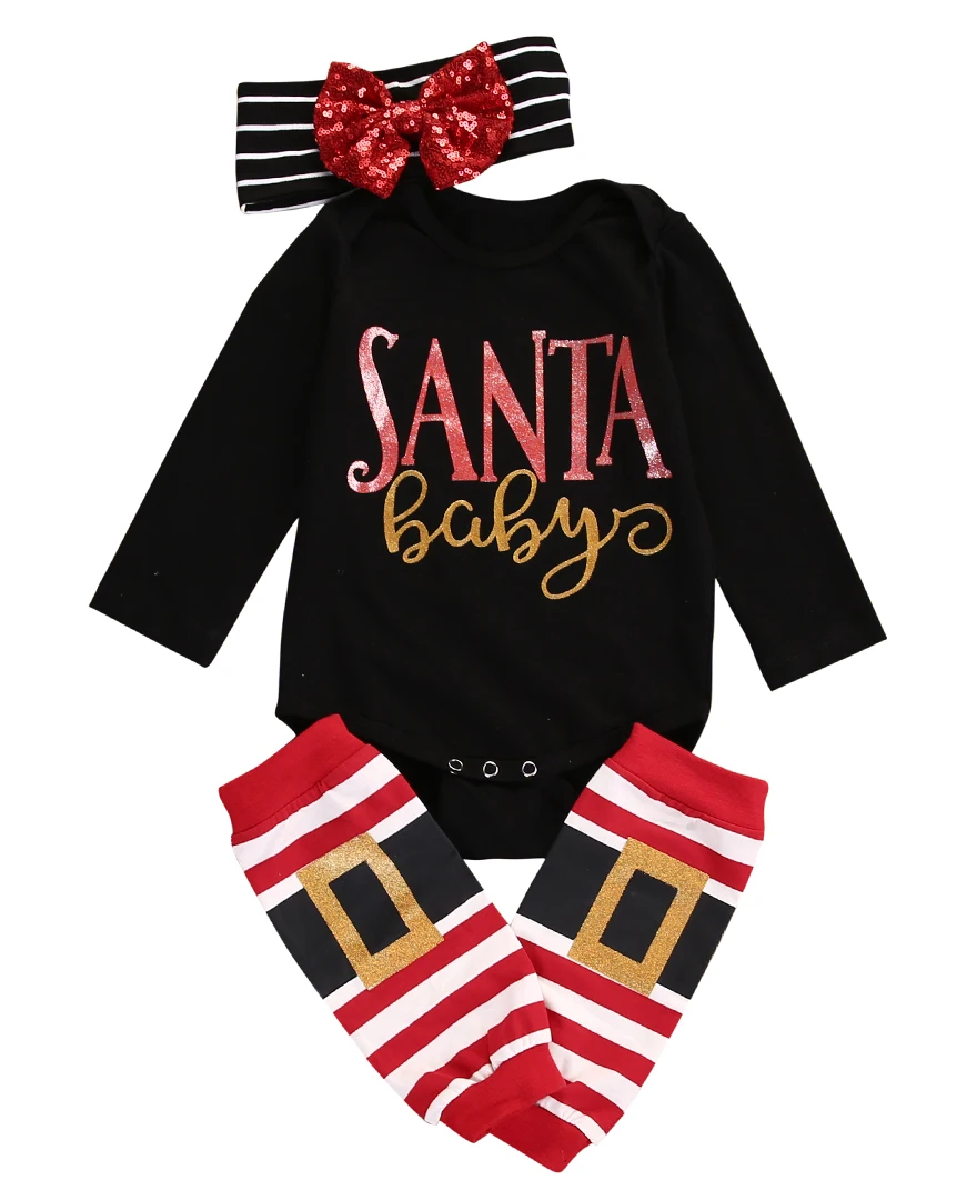 Santa Newborn Baby Girl Christmas Romper Jumpsuit Long Sleeve Stripe