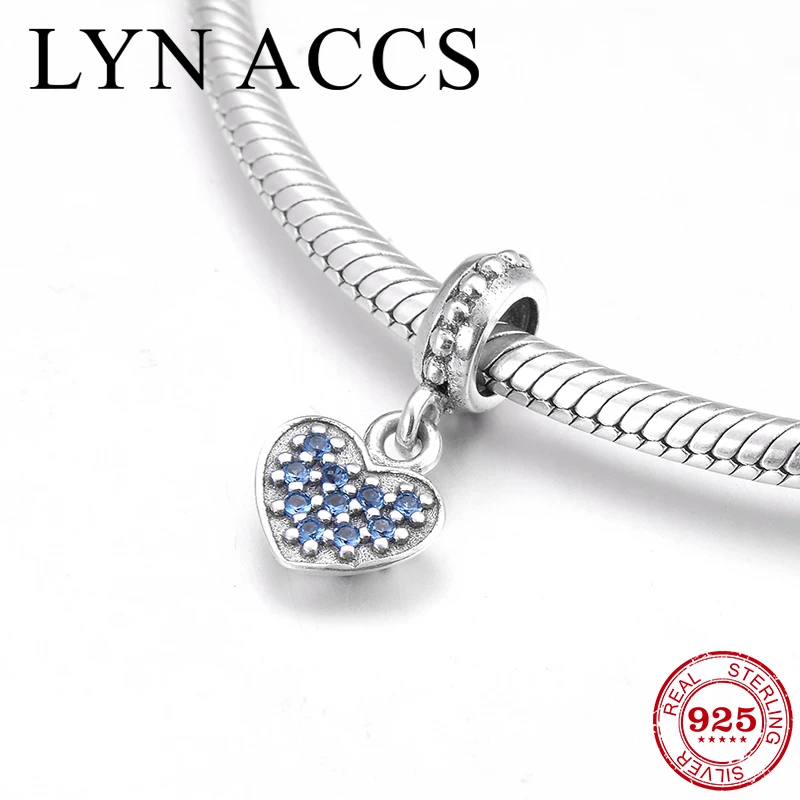 Fashion 925 Sterling Silver Shining Heart Reticular blue CZ fine Pendant Bead Fit Original Pandora Charm Bracelet Jewelry making