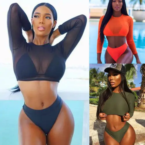 

2018 Two Piece Swimsuit Summer Sexy Women Mesh Long Sleeve High Waist Bikini Set Push Up Swimwear Bra+Bottom+Cover Up Swimsuit
