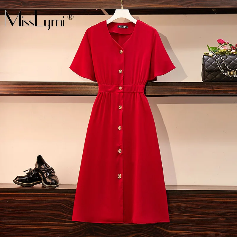 

XL-5XL Plus Size Women Elegant Chiffon Dress Summer 2019 Korean Fashion V-neck Short Sleeve Single-breasted Ladies Shirt Dresses