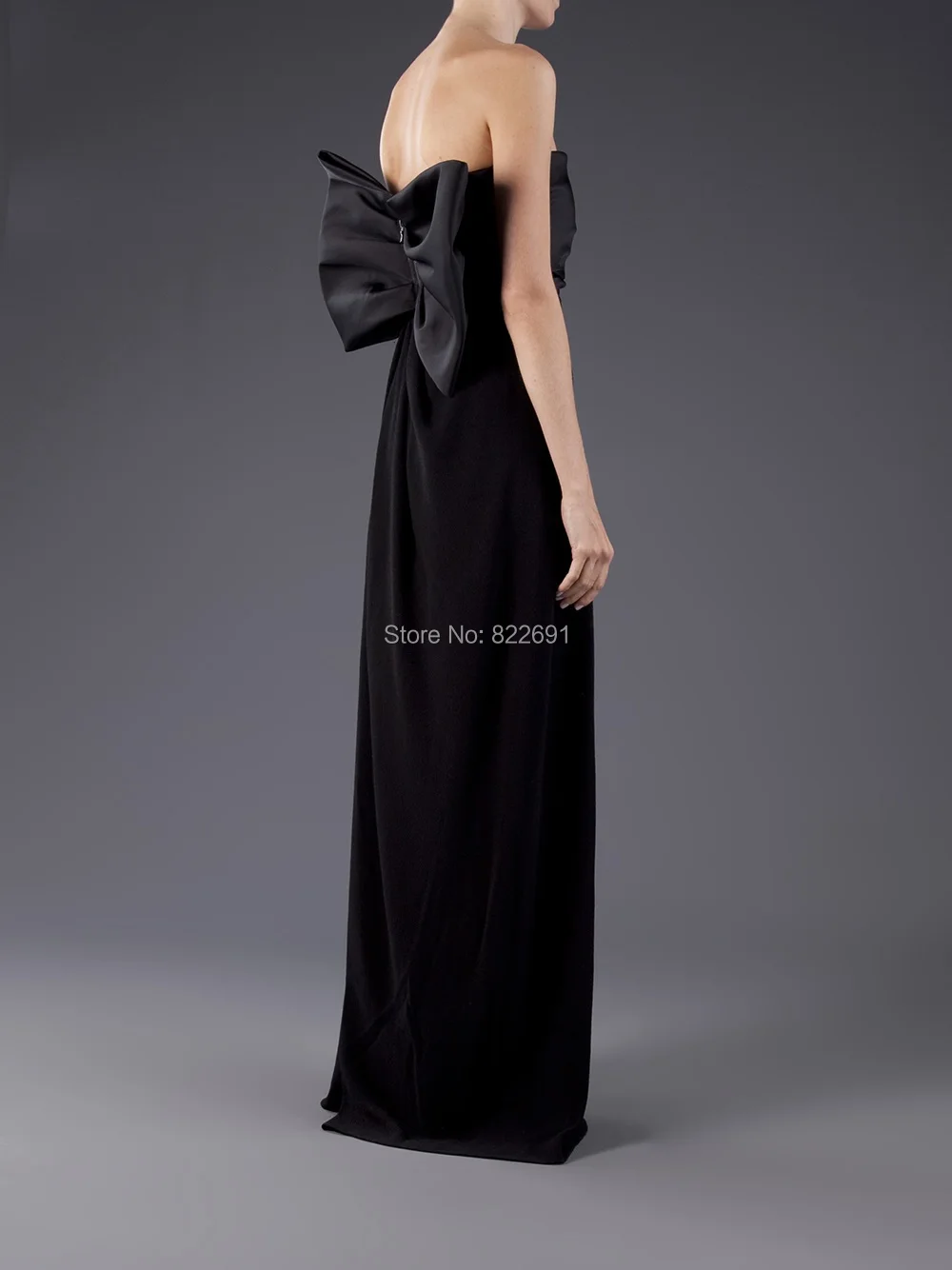 Elegant Black Strapless Pleated Waist Floor Length Big Bow Tie Back