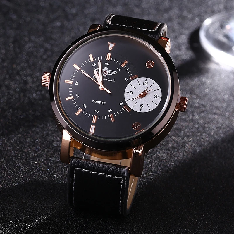 Double time zone men 's luxury watches fashion leather strap double