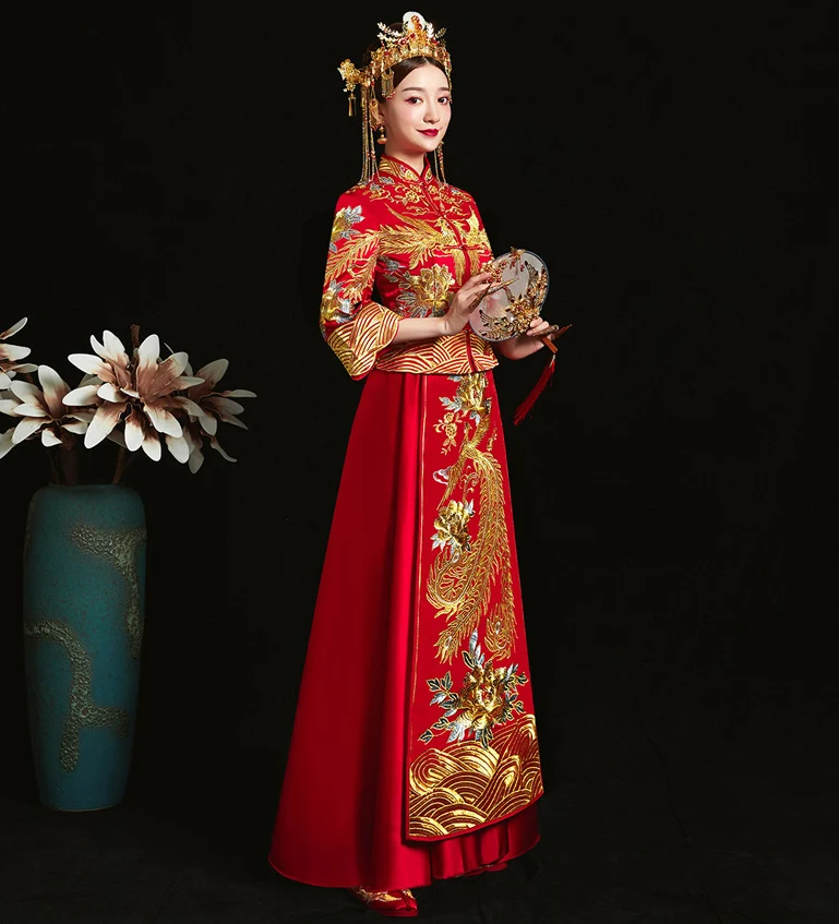 Красное традиционное китайское свадебное платье cheongsam, вышитое платье вечерние платья, свадебное платье Qipao, Vestido, большие размеры S-5XL