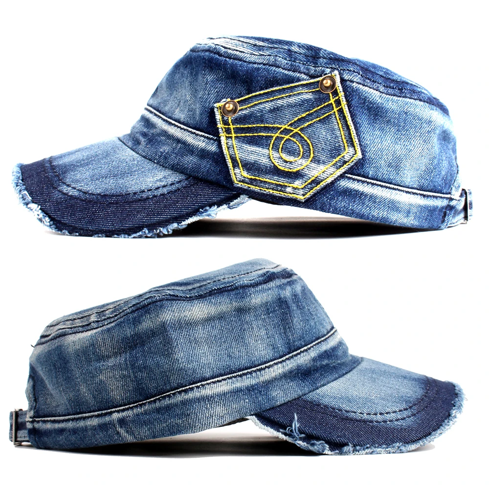 Billige Difanni Neue Gewaschen Jeans Armee Kappe Für Männer Frauen Hysterese Military Hut Denim kadett Kappen Gorras Casquette Chapeu Hut Flache top