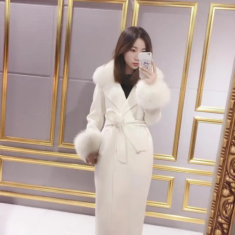 

Import of new fund of 2017 autumn winters long coat female haining leather cashmere and fox fur cultivate morality