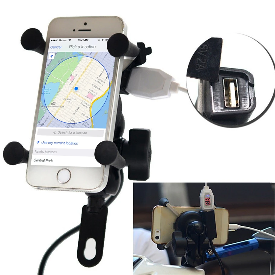 Universal Motorcycle USB Charging Mount Phone GPS Mobile Iphone Cradle Holder
