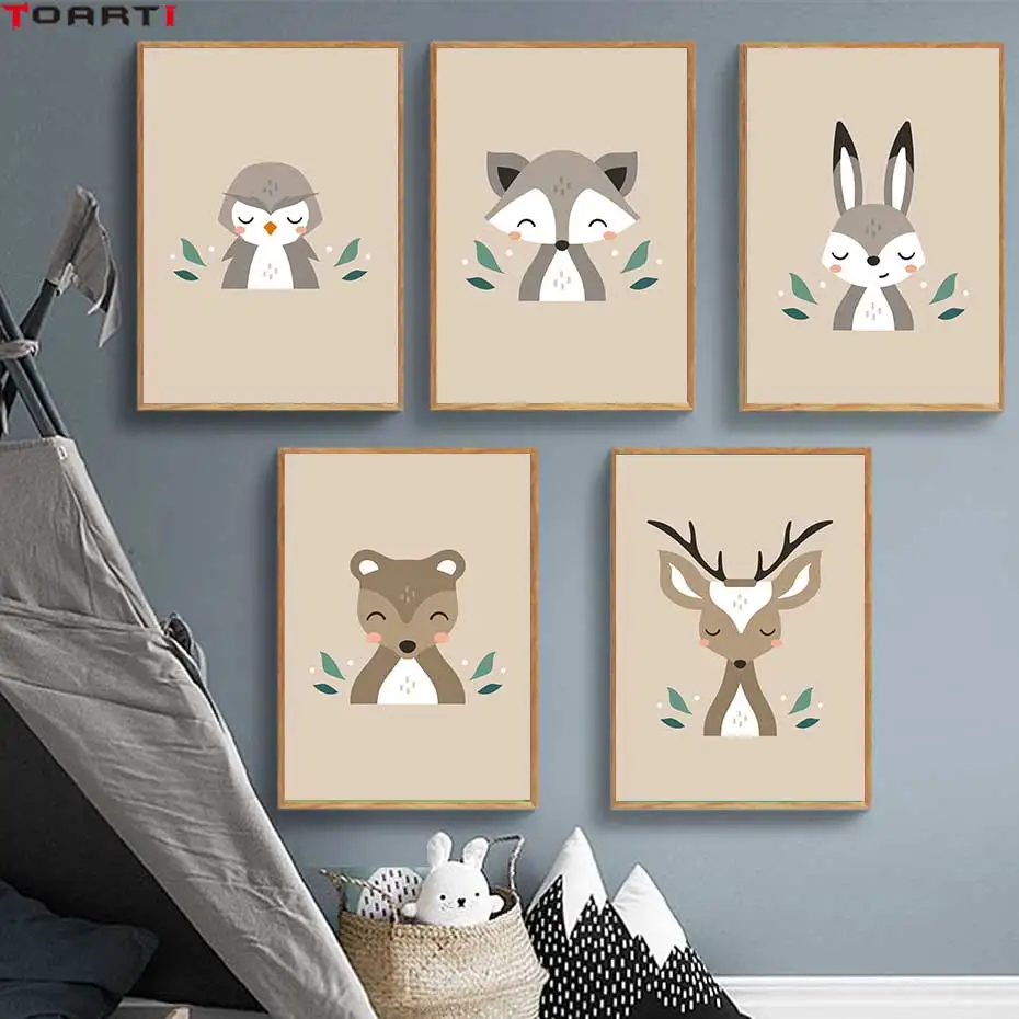 

Forest Cartoon Animals Prints Posters Modern Wall Art Pictures Monkey Deer Fox Canvas Painting For Kids Nursery Room Home Decor