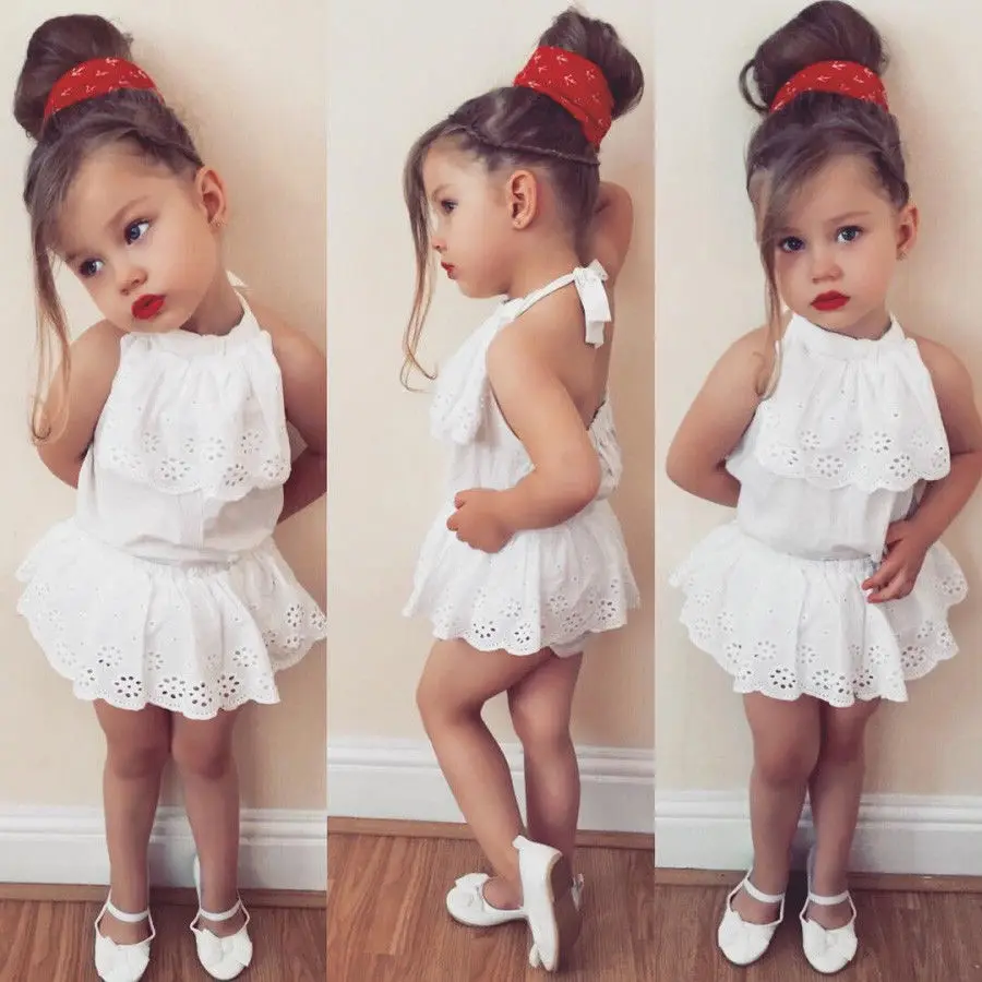 

2Pcs Cute Baby Girl Lace Top Newborn Baby Girl Halter Tops White Shorts Skirt Summer Outfit Clothes