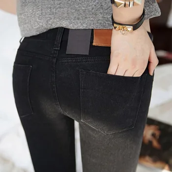 NJ01 Women jeans In the spring 2019 Black Stretch Jeans new female Korean stretch slim jeans pants feet newspapers pattern narrow feet jeans