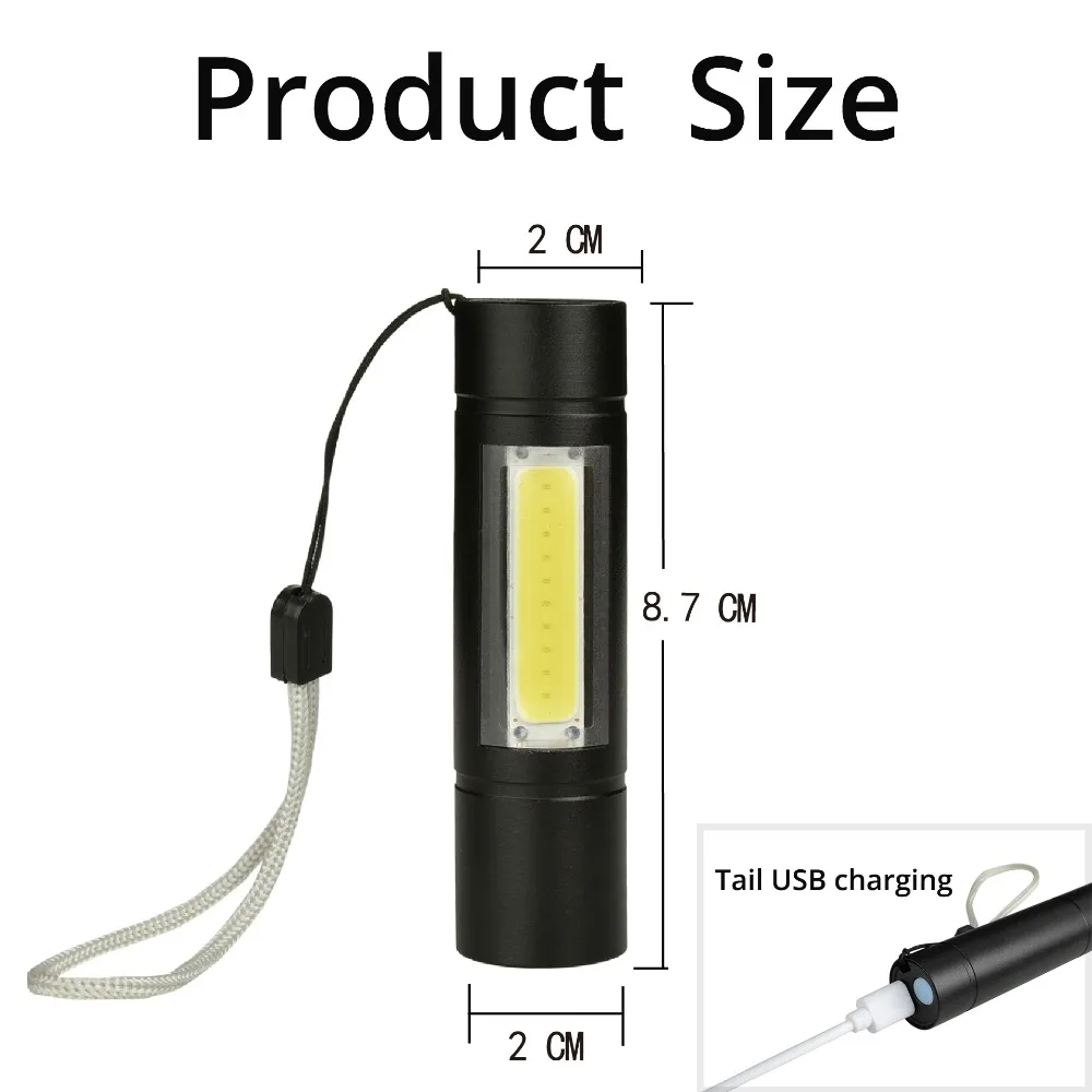 Светодиодный мини фонарик 3800 люмен встроенный Перезаряжаемый USB 14500 Q5 + COB 3 режима