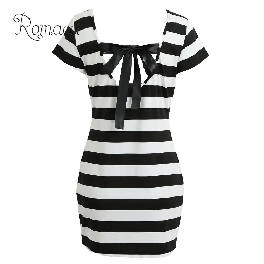 

Romacci Women Korean Style Dress Striped Cut Out Tie Bow Backless Short Sleeve Mini Dress Sexy Casual 3XL XXXL Plus Size Dress