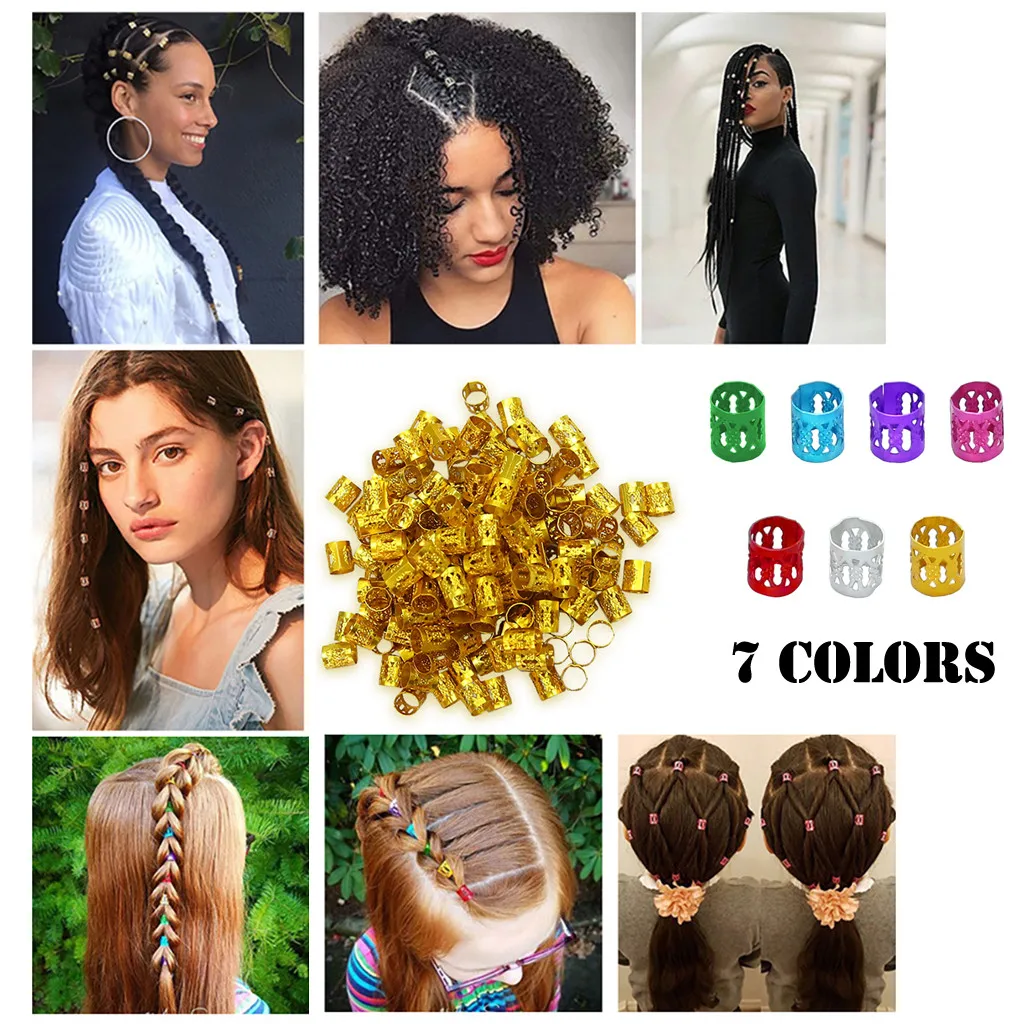 

Aluminum Beads Braids Hair Clips Decoration Crown Wig Lock Tube Rings 100PCS Metal Cuffs Braiding Hair Decoration Access