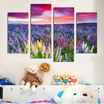 

free shipping 4 piece large canvas art cheap modern lavender flower pictures oil painting purple flower landscape wall decor