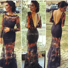 Vestidos De Festa 2016 Neue Mode Elegante Scoop Neck Langes Abendkleider Open Back Langarm-kleid Spitze Prom Kleider
