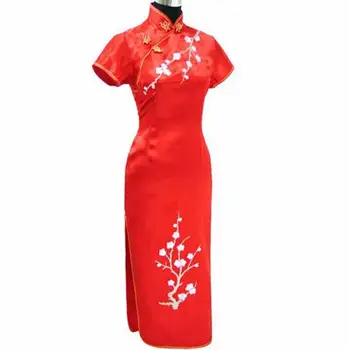 

Red Chinese Women Embroidery Flower Slim Wedding Dress Novelty Short Sleeve High Split Cheongsam Vestidos Classic Satin Qipao